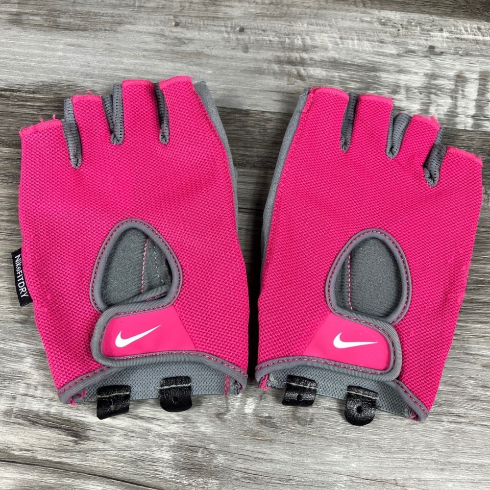 Nike FitDry Womens Fingerless Weightlifting Training Gloves Pink Grey Large